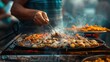 © TPS Studio - Street Vendor Cooking Delicious Food on a Hot Grill at a Bustling Outdoor Market