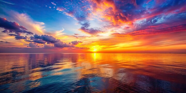 Beautiful sunset over calm sea with vibrant colors reflecting on the water, sunset, sea, ocean, horizon, dusk, tranquil