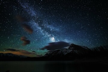 Wall Mural - night landscapes with beautiful starry sky and the milky way against the backdrop of a mountain lake