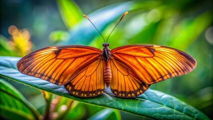 Sticker - Vibrant orange wings with intricate black veins and delicate edges against a soft, blurred green leaf background with subtle natural texture and bokeh effect.
