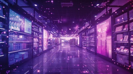 Sticker - A futuristic shopping mall with a purple and blue color scheme