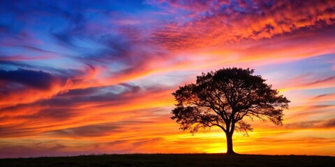 Wall Mural - Silhouette of a tree against a vibrant sunset sky, nature, outdoors, landscape, dusk, silhouette, tree, beauty, tranquil