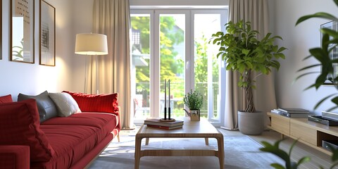 A modern living room with two red sofas, a wooden coffee table and a floor lamp near the window. A Scandinavian home interior design of a contemporary flat in white colors