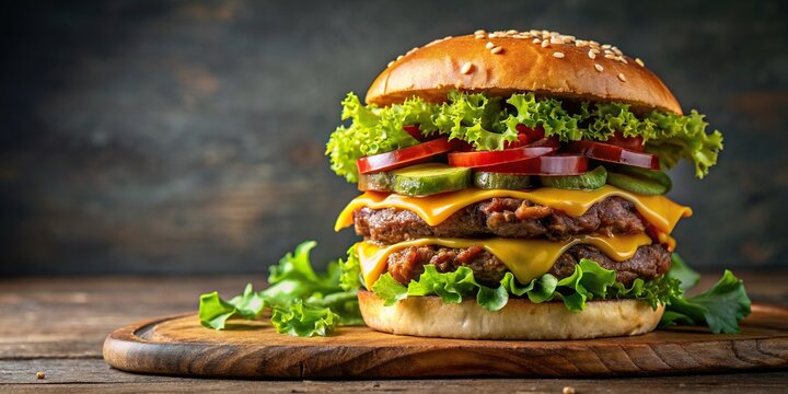 Mouthwatering stacked hamburger with juicy beef patties, fresh lettuce, crispy bacon, melted cheese, and savory pickles
