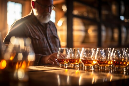 Distiller inspecting bourbon in glass, soft golden light, close-up, blurred oak barrels in the background.