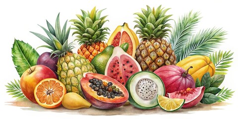 Wall Mural - Watercolor painting of tropical fruits with fresh ingredients, using organic fruit as inspiration, fruit, organic