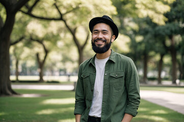 Bearded Asian man in casual fashionable suit and hat in park