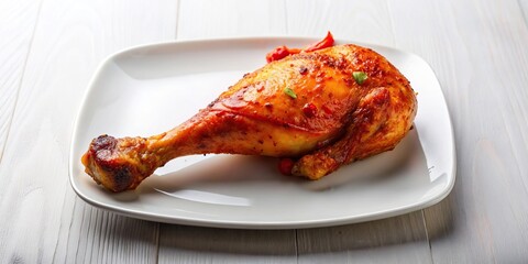 Wall Mural - Spicy chicken leg on a white plate, spicy, chicken, leg, cooked, food, meat, meal, tasty, delicious, flavorful