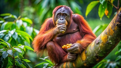 Orangutan adult isolated in natural habitat, eating fruits, sitting on tree branch, borneo, malaysia, september 2014, vibrant colors, lush green background, serene atmosphere.
