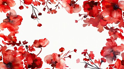 Poster - Red Watercolor Floral Frame on White Background