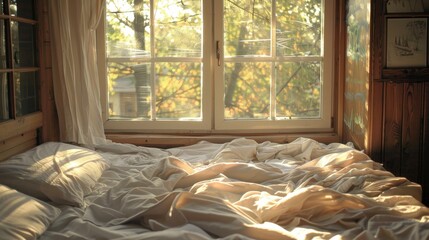 Canvas Print - Cozy unmade bed with white sheets and pillows near a window