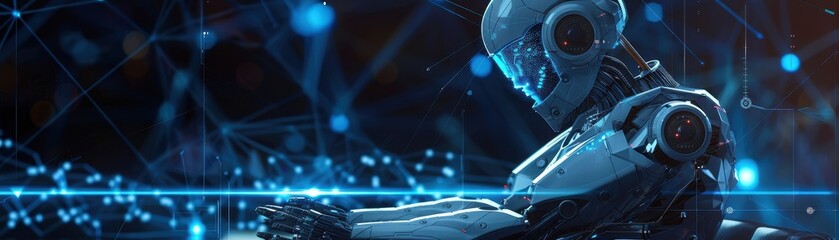 CyberneticA robot is holding a cell phone and is wearing a red visor. The robot is surrounded by red and blue lights, giving the image a futuristic and technological feel