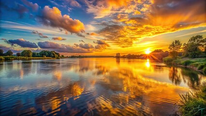 Wall Mural - Vibrant sunset casting a golden glow over calm river water, sunset, river, water, reflection, sky, clouds, serene, tranquil
