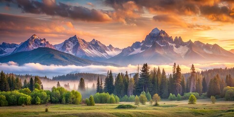Wall Mural - Soft pastel colored landscape with majestic mountains in the background, mountains, pastel colors, sky, clouds, serene, tranquil