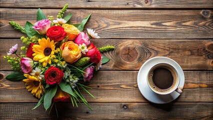 Wall Mural - A beautiful arrangement of flowers and coffee on a rustic wooden table, flowers, coffee, arrangement, rustic, wooden, table