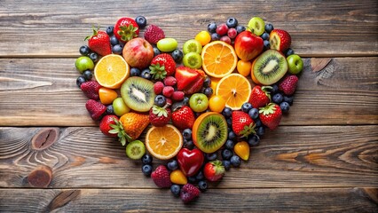 Close-up of a heart shape made out of various colorful fruits , health, nutrition, love, vegetarian, fresh, organic