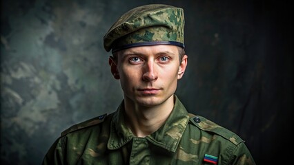 Wall Mural - Portrait of a Russian soldier in uniform, Russia, military, army, patriot, brave, service, camouflage, proud, defense