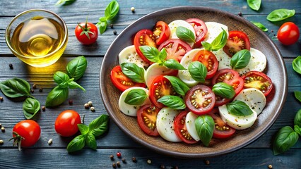Wall Mural - Salad with slices of tomatoes and mozzarella, basil, olive oil, and spices , healthy, fresh, colorful