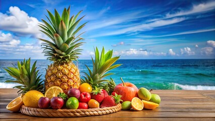 Wall Mural - Tropical fruit setup with ocean backdrop perfect for travel and wellness concepts, tropical, fruit, setup, ocean, backdrop