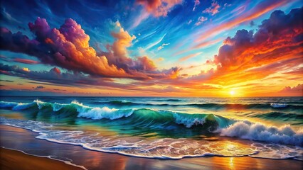Wall Mural - Vibrant painting of a serene sea with crashing waves and colorful sky, ocean, water, nature, seaside, coastal, artwork