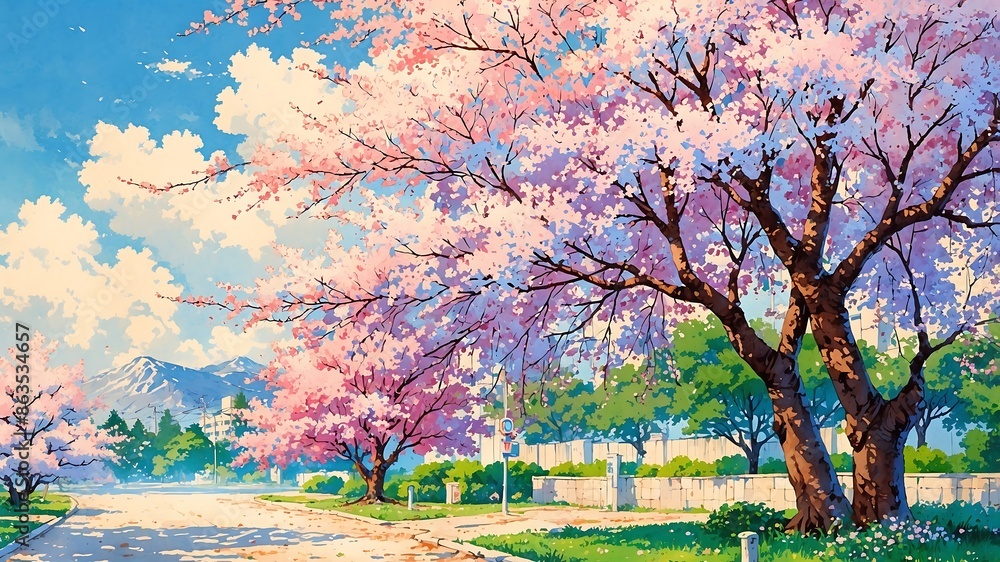 Beautiful fantasy spring natural landscape and cherry blossom tree ...