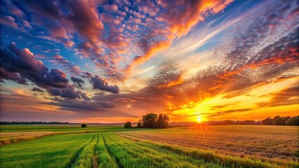 Wall Mural - Sunset over a peaceful field with vibrant colors , Sun, field, evening, dusk, landscape, nature, tranquil, serenity, beauty