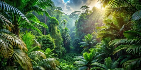 Lush tropical rainforest with vibrant wildlife and dense foliage, exotic, flora, fauna, tropical, rainforest, lush