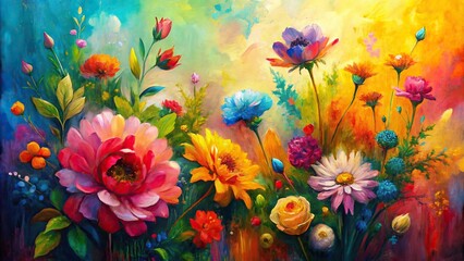 Wall Mural - Abstract floral painting featuring vibrant color strokes and bold textures , art, abstract, painting, floral, vibrant