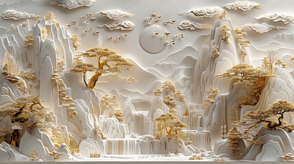 Wall Mural - 3D Volumetric Stucco Molding with Golden Elements Chinese Landscape Waterfall Mountains Sakura Clouds Flying White Paper Carving Style Many Figures