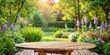 © tammanoon - Empty table on garden background, perfect for showcasing your product , outdoor, garden, empty, table, angled view