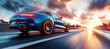 © btiger - Blue car speeding on highway with motion blur, luxury sports vehicle in sunset low angle shot showing side wheels, fast car driving in action, high-speed transportation, dynamic auto on road