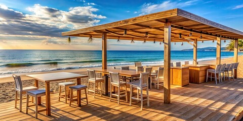 Poster - Summer beach bar on the sand overlooking the sea , beach, bar, seaside, ocean, tropical, relaxation, vacation, umbrellas, cocktails