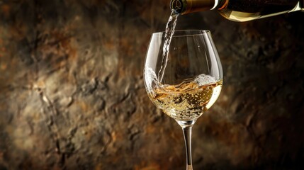 Sticker - White wine being poured into a glass on a dark rustic background Concept of pouring wine