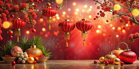 Wall Mural - Celebrate the New Year in traditional Asian style with festive decorations and well wishes , Happy New Year, ??, ??, ???, ????, ??, ??