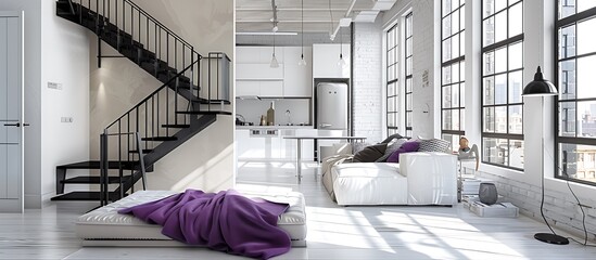 Wall Mural - Trendy minimalist studio in white and beige, highlighting a stylish kitchen and cozy recreation area, black metal stairs, and a purple throw blanket, complemented by large windows.