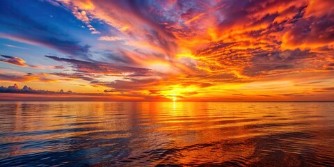 Wall Mural - Vibrant sunset casting warm hues over the calm sea , tranquil, serene, horizon, reflection, orange, pink, golden hour