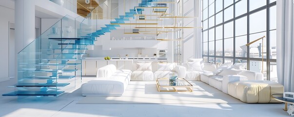 Wall Mural - Trendy white and beige studio, large windows, white kitchen, blue stairs, and gold furniture.