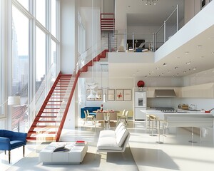 Wall Mural - Trendy white and beige studio, floor-to-ceiling windows, white kitchen, red stairs, and blue dining chairs.