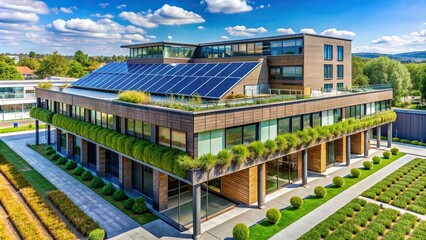 Wall Mural - Modern eco-friendly building with solar panels and green roof , sustainable