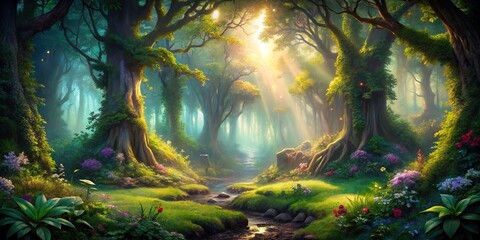 Wall Mural - Enchanted forest with mystical atmosphere and vibrant greenery, magical, fairytale, woodland, nature, fantasy, mysterious