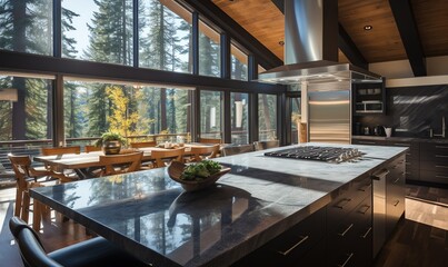 Wall Mural - Modern Kitchen with Expansive Forest View