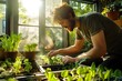 © TEN.POD - Gardener Planting Seeds In Window Garden With Salad Shooter
