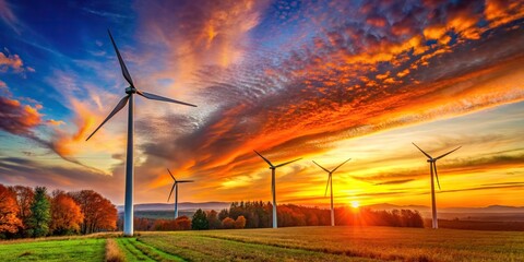Wall Mural - Wind turbines set against a vibrant autumn sunset sky, renewable energy, sustainable, environment, sunset, sky