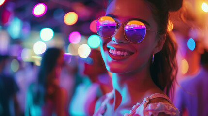 Wall Mural - Latin american female in a night club wearing sunglasses, young latina woman in a nightclub