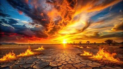 Canvas Print - Impressive sunset over dried landscape with vibrant colored flames , sunset, dried out, landscape, vibrant colors