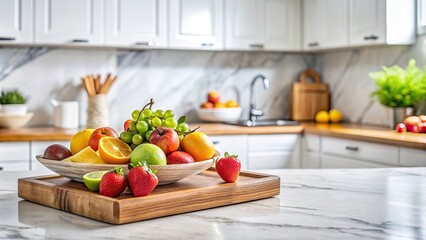 Wall Mural - Fresh fruits on wooden tray over marble countertop, bright and healthy kitchen atmosphere, pineapple, oranges