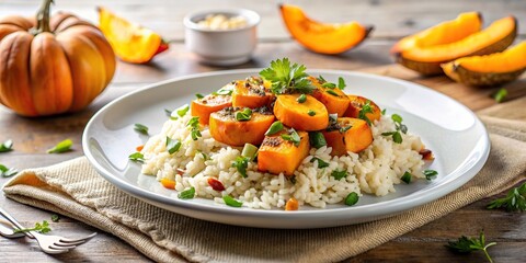 Canvas Print - Delicious rice dish with roasted pumpkin on a white plate, food, meal, vegetable, pumpkin, rice, dish, dinner, lunch