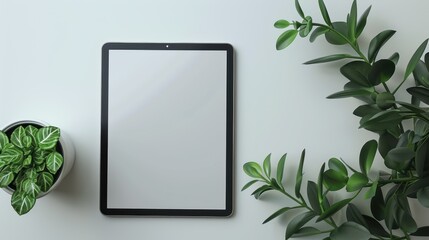 Tablet computer with a blank screen, set on a minimalist white surface.