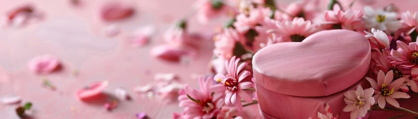 Wall Mural - A pink box with a ribbon and a bouquet of roses. The box is placed on a table with a grey background