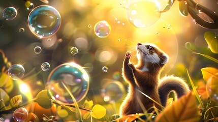 Polecat Frolicking in a Whimsical Bubble-Filled Meadow
